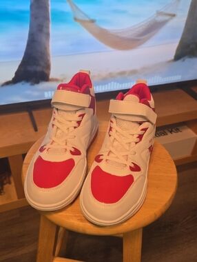White and Red High-Top Sneakers with Hook-and-Loop Strap